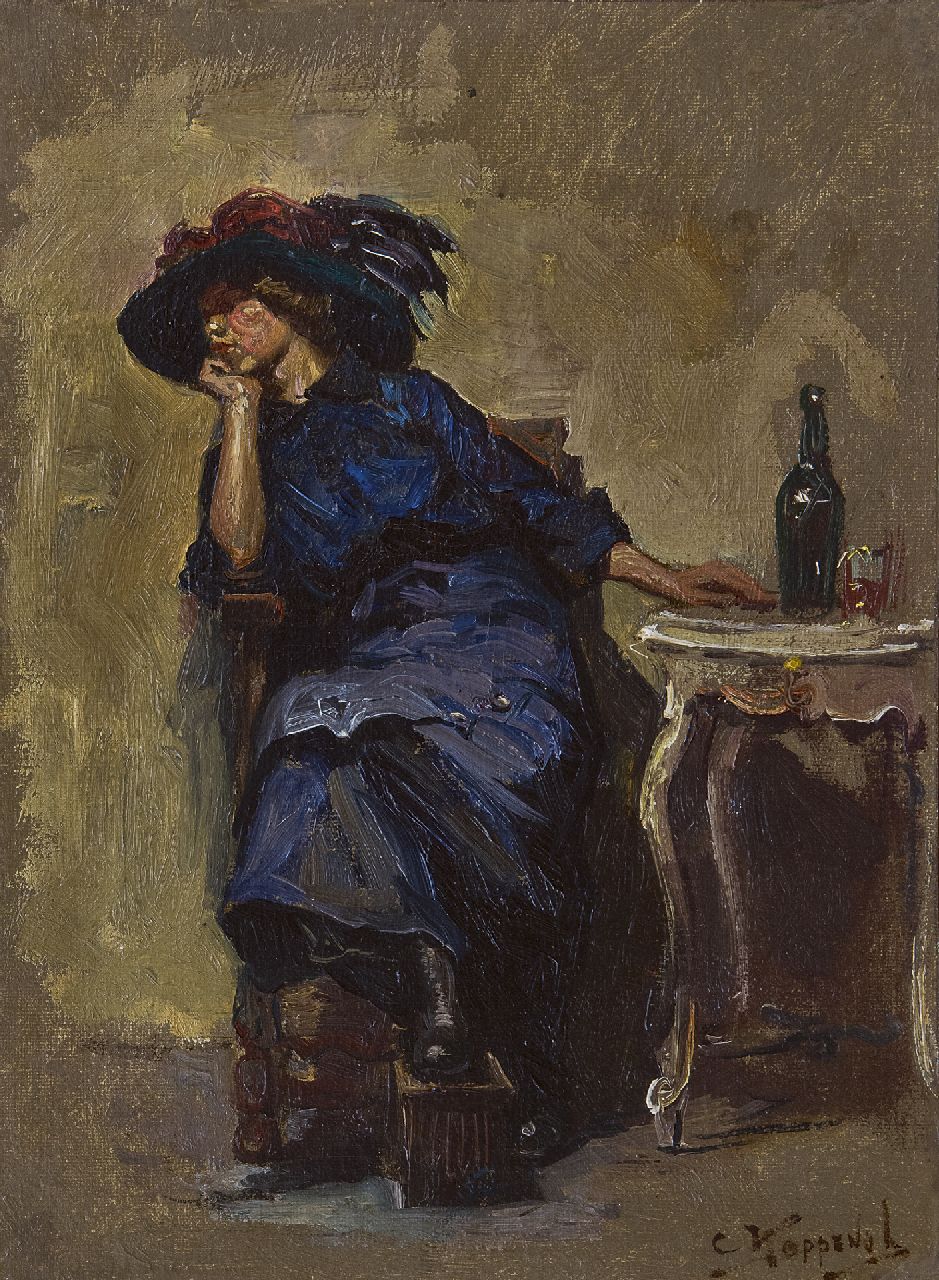 Koppenol C.  | Cornelis 'Kees' Koppenol, Waiting for her date, oil on canvas laid down on panel 21.5 x 16.0 cm, signed l.r. and on a label on the reverse