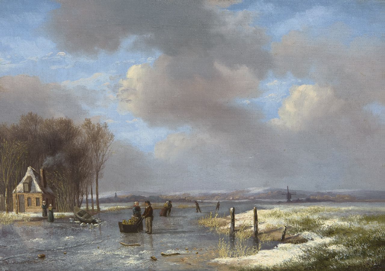 Roosenboom N.J.  | Nicolaas Johannes Roosenboom, A frozen river landscape, oil on panel 21.4 x 30.6 cm, signed l.l.