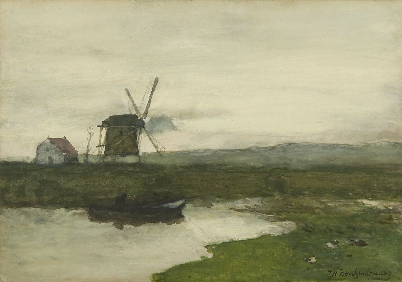 Weissenbruch H.J.  | Hendrik Johannes 'J.H.' Weissenbruch, A windmill in a polder landscape, watercolour on paper 34.5 x 49.6 cm, signed l.r. and painted ca. 1900