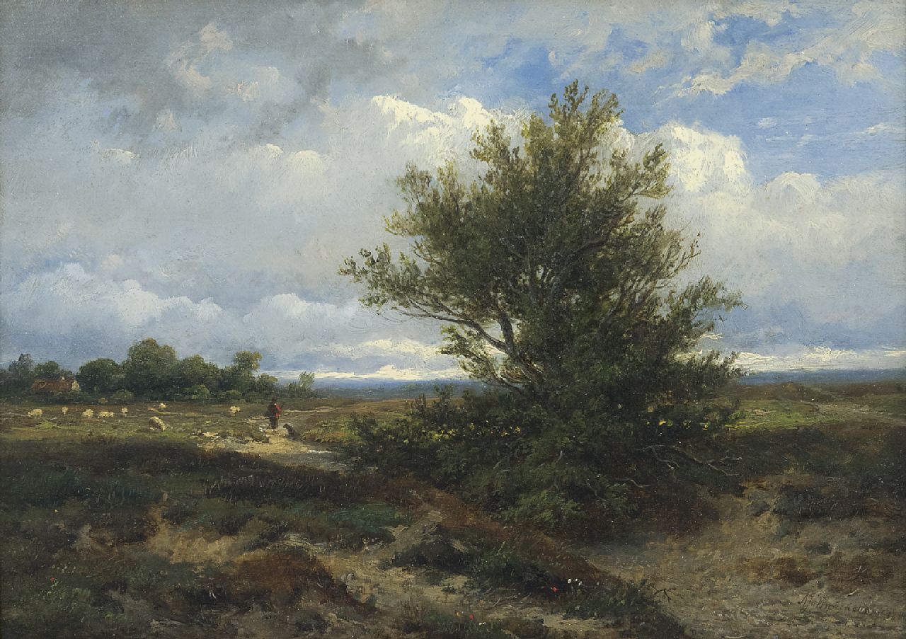 Wijngaerdt A.J. van | Anthonie Jacobus van Wijngaerdt | Paintings offered for sale | A landscape with shepherd and his flock, oil on panel 22.3 x 31.0 cm, signed l.r. and dated 1865