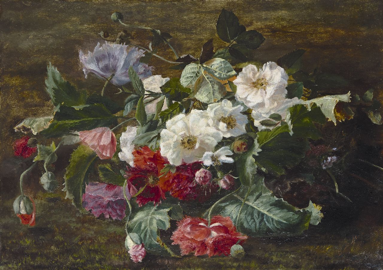Hollandse School, 19e eeuw   | Hollandse School, 19e eeuw | Paintings offered for sale | Roses and poppies on the forest ground, oil on canvas 45.0 x 62.8 cm, signed l.r. and dated 1866