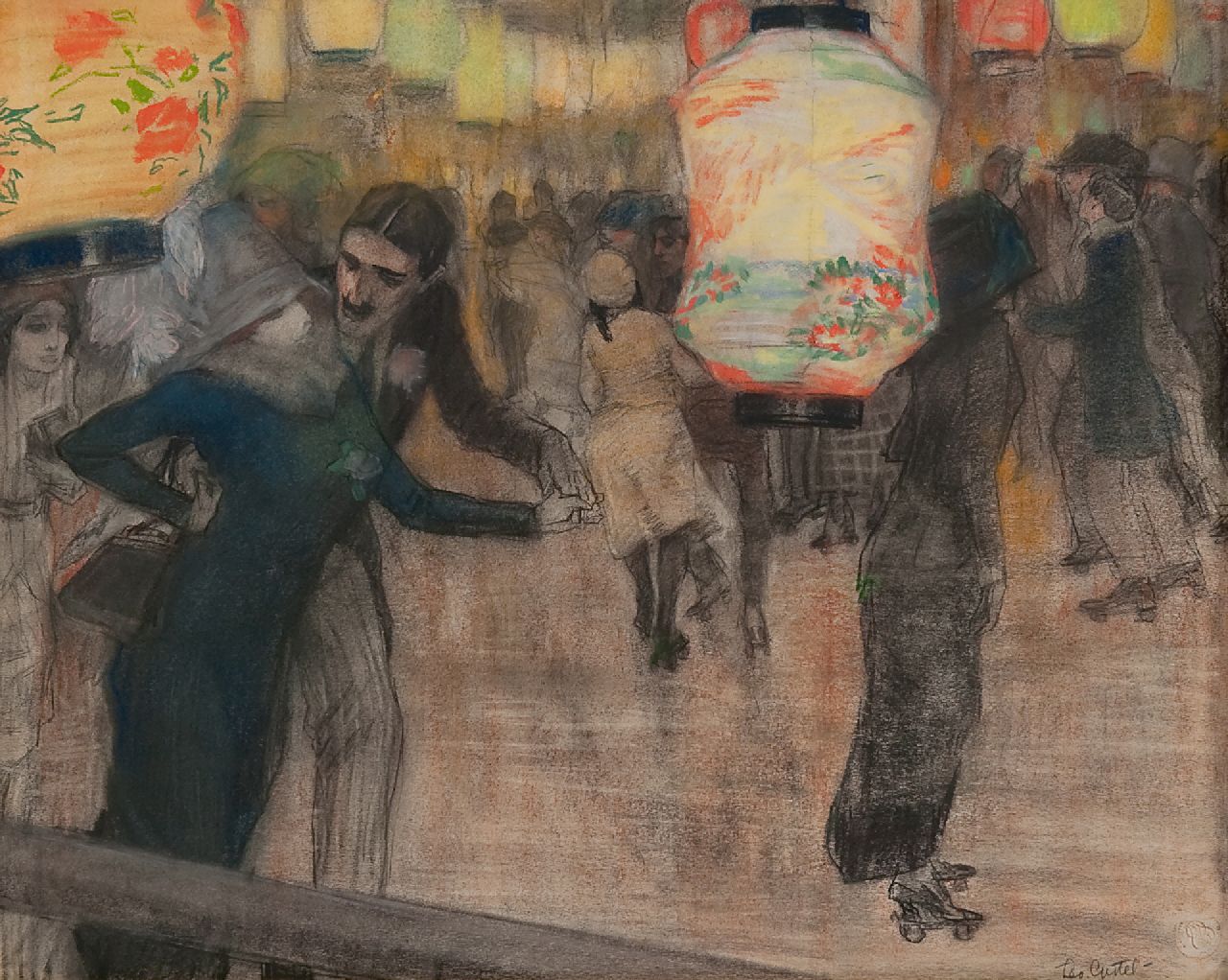 Gestel L.  | Leendert 'Leo' Gestel | Watercolours and drawings offered for sale | A roller skating rink with Japanese lanterns, black chalk and pastel on paper 41.5 x 52.0 cm, signed l.r. and painted ca. 1910-1911