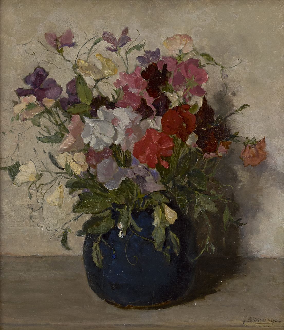 Akkeringa J.E.H.  | 'Johannes Evert' Hendrik Akkeringa, Sweet pea in a blue vase, oil on panel 32.4 x 28.2 cm, signed l.r. and on the reverse and dated 15 Oct 1937 on the reverse