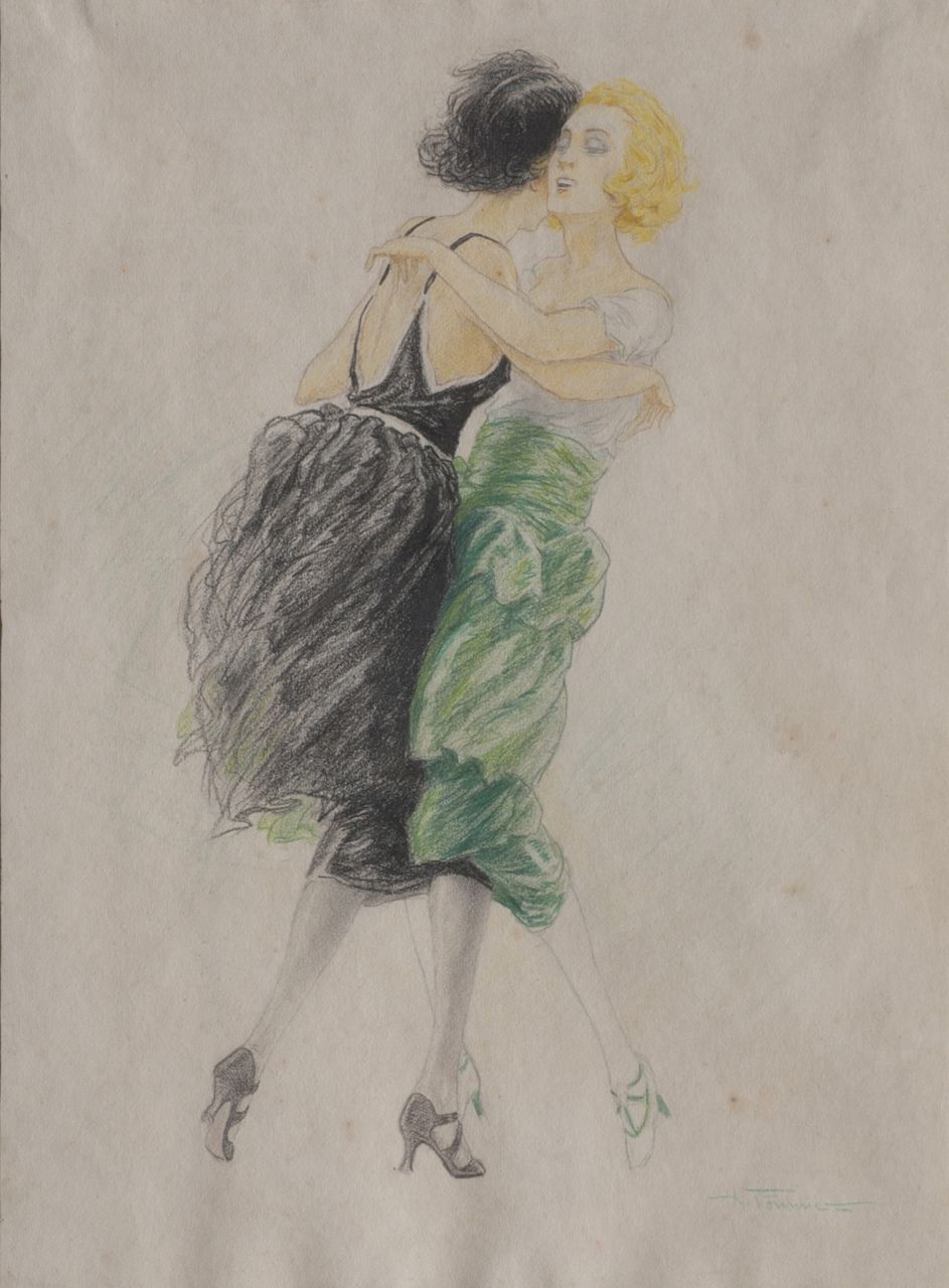 Fournier H.  | Hippolyte Fournier, Dancing young women, pencil and chalk on paper 52.2 x 39.0 cm, signed l.r.