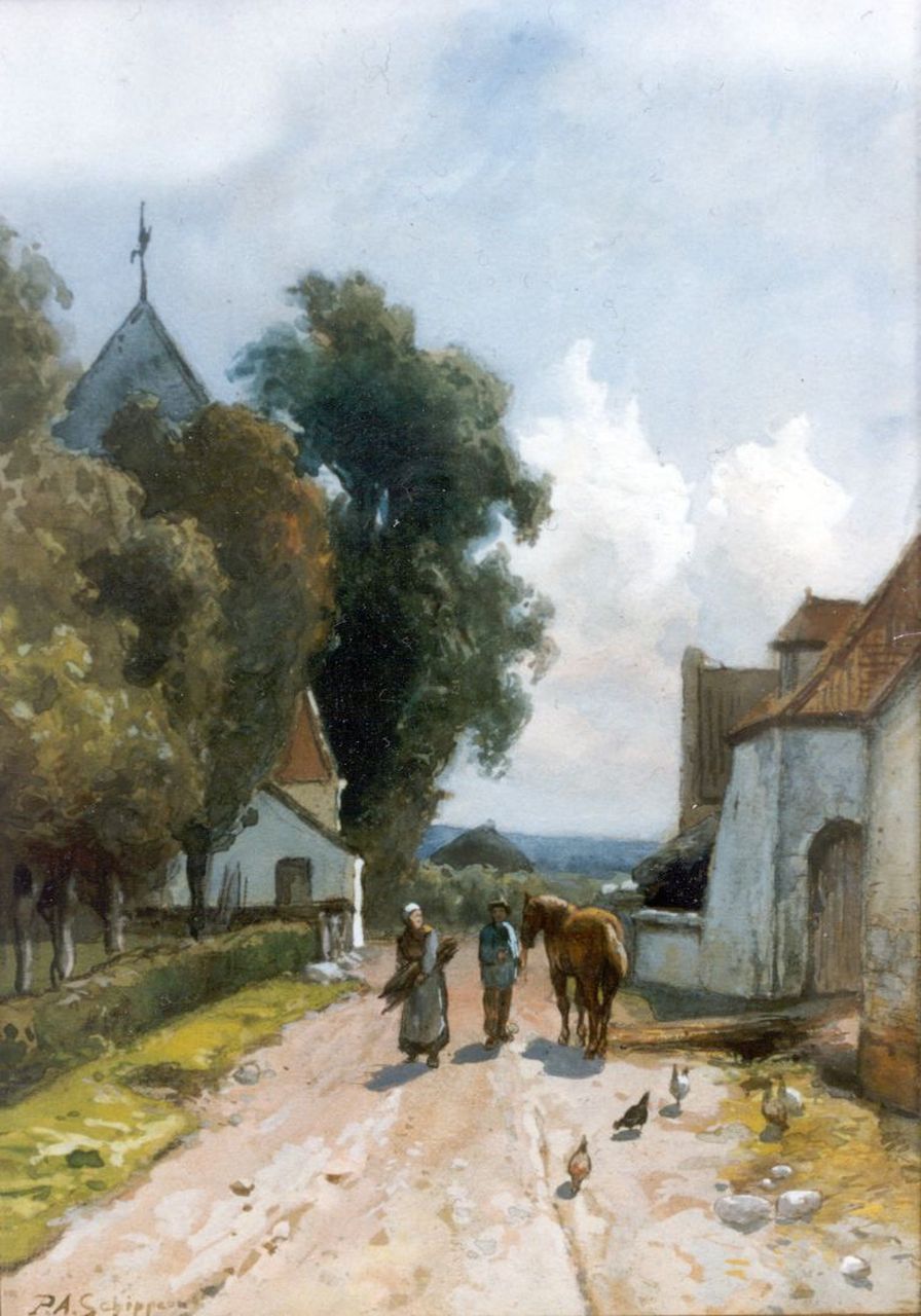 Schipperus P.A.  | Pieter Adrianus 'Piet' Schipperus, Figures on a country road, watercolour on paper 28.5 x 20.0 cm, signed l.l.