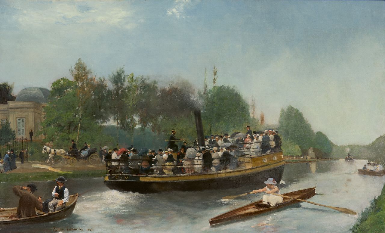 Hoeterickx E.  | Emile Hoeterickx | Paintings offered for sale | Boating between Laeken and park Trois Fontaines in Vilvoorde, Belgium, oil on canvas 52.5 x 85.0 cm, signed l.l. and dated 1883