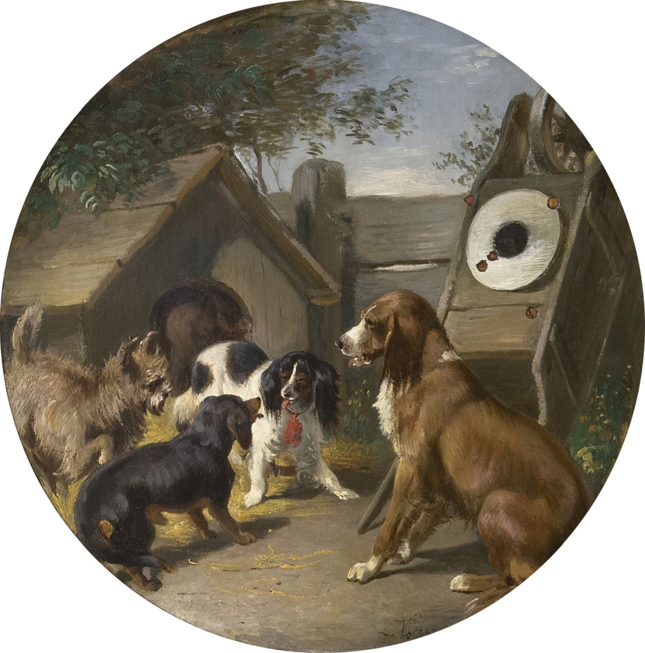 Voltz L.G.  | 'Ludwig' Gustav Voltz, Four dogs near a shed, oil on paper laid down on panel 24.8 x 24.6 cm, signed l.r.