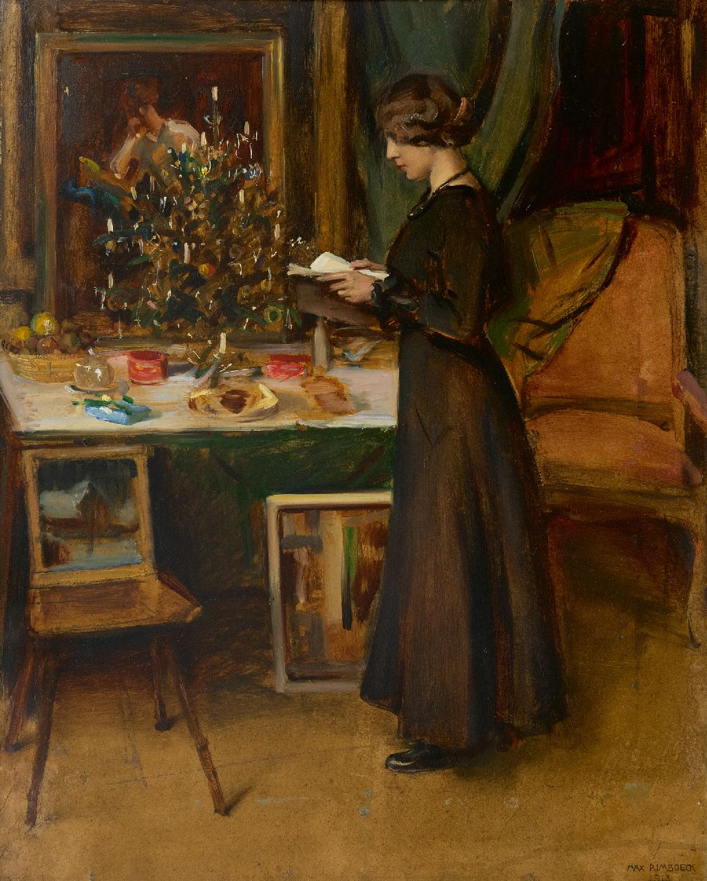 Rimböck M.  | Max Rimböck, Young woman by a Christmas tree, oil on painter's board 63.2 x 51.1 cm, signed l.r. and dated 1918