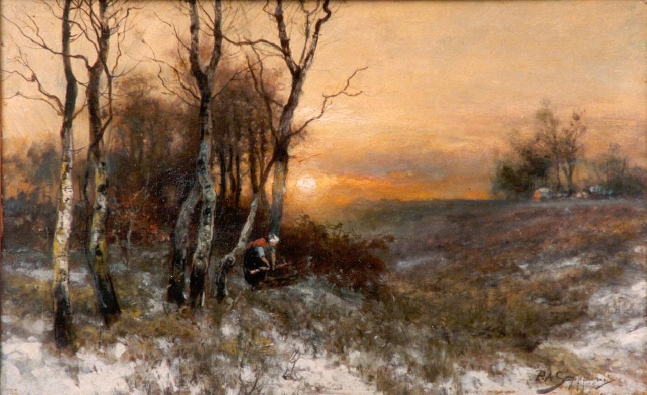 Schipperus P.A.  | Pieter Adrianus 'Piet' Schipperus, Gathering wood in winter, 31.4 x 49.5 cm, signed l.r.