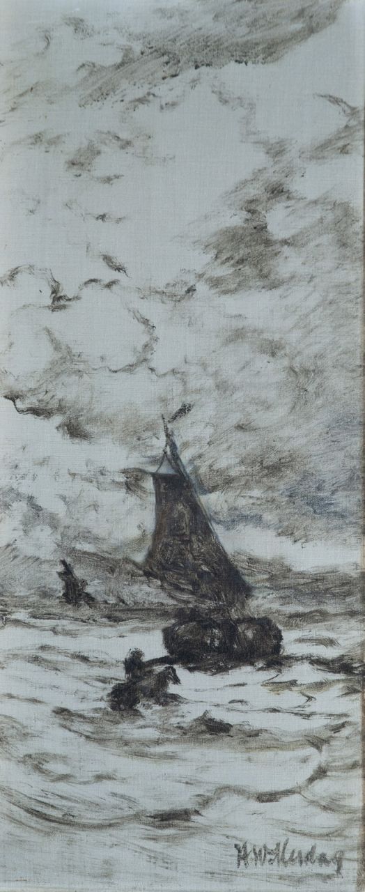 Mesdag H.W.  | Hendrik Willem Mesdag, Fishing boat in the surf, oil on canvas 61.4 x 26.6 cm, signed l.r. and to be dated ca. 1909