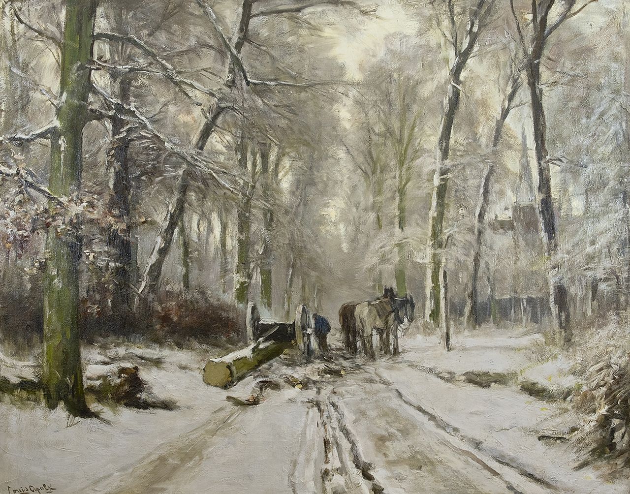 Apol L.F.H.  | Lodewijk Franciscus Hendrik 'Louis' Apol, A 'mallejan' in a snowy forest, oil on canvas 73.4 x 92.8 cm, signed l.l.