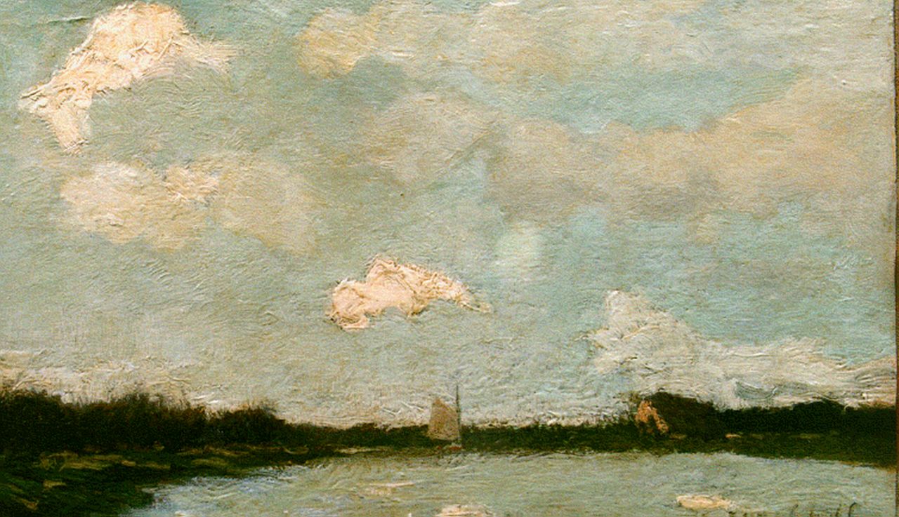 Weissenbruch H.J.  | Hendrik Johannes 'J.H.' Weissenbruch, A polder landscape, oil on canvas laid down on panel 17.5 x 28.7 cm, signed l.r.