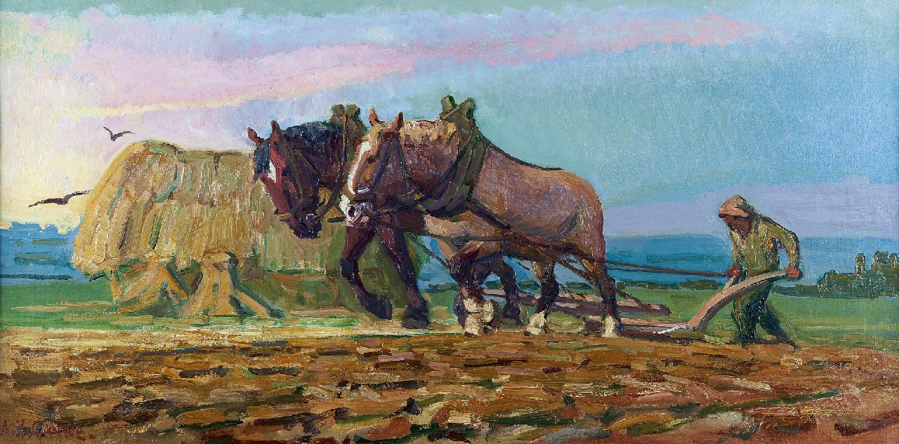 Gouwe A.H.  | Adriaan Herman Gouwe, Ploughing horses and farmer, oil on canvas 43.3 x 85.5 cm, signed l.l.