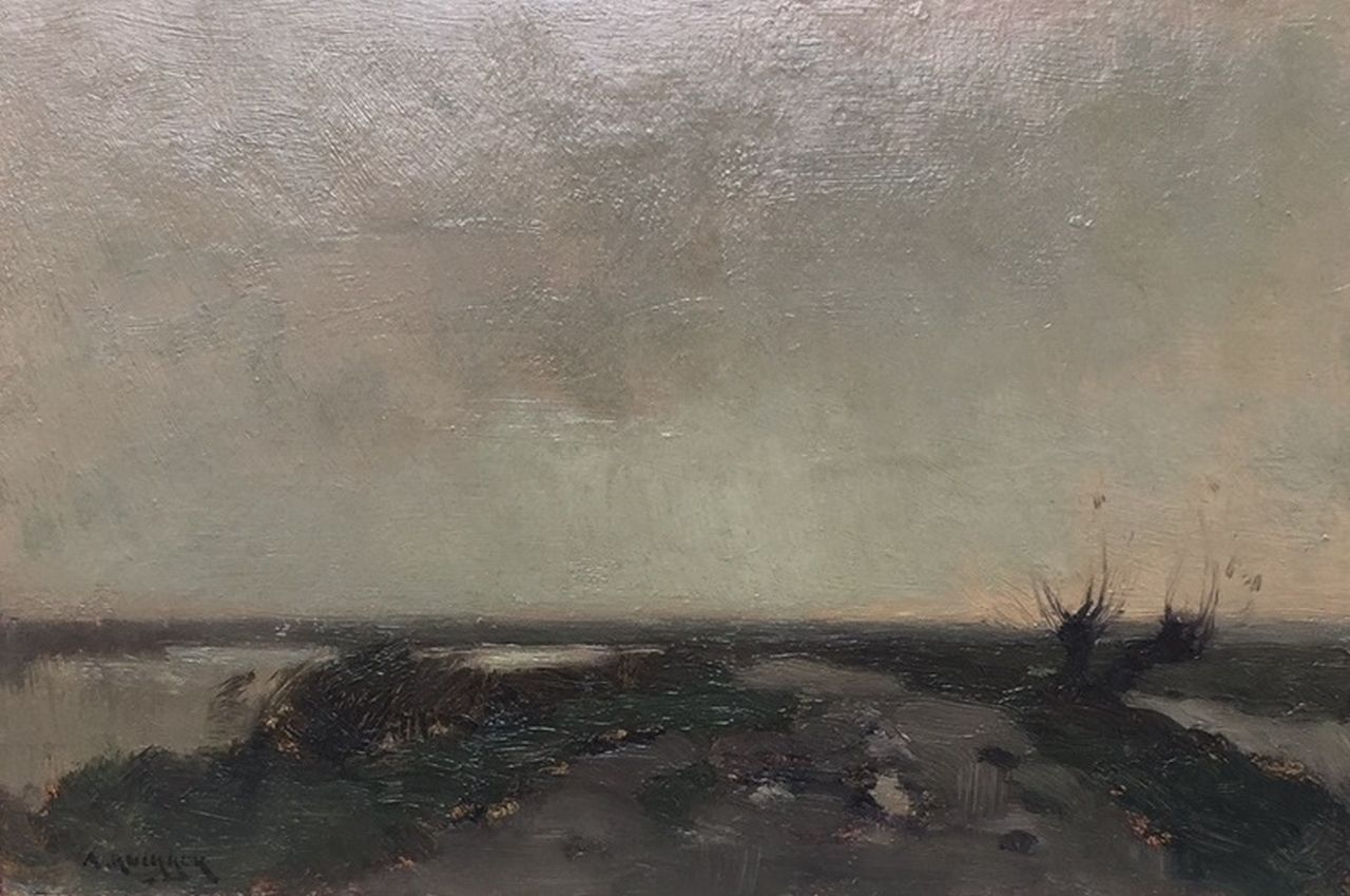 Knikker A.  | Aris Knikker, A Dutch polder landscape, oil on board laid down on panel 17.3 x 26.2 cm, signed l.l.