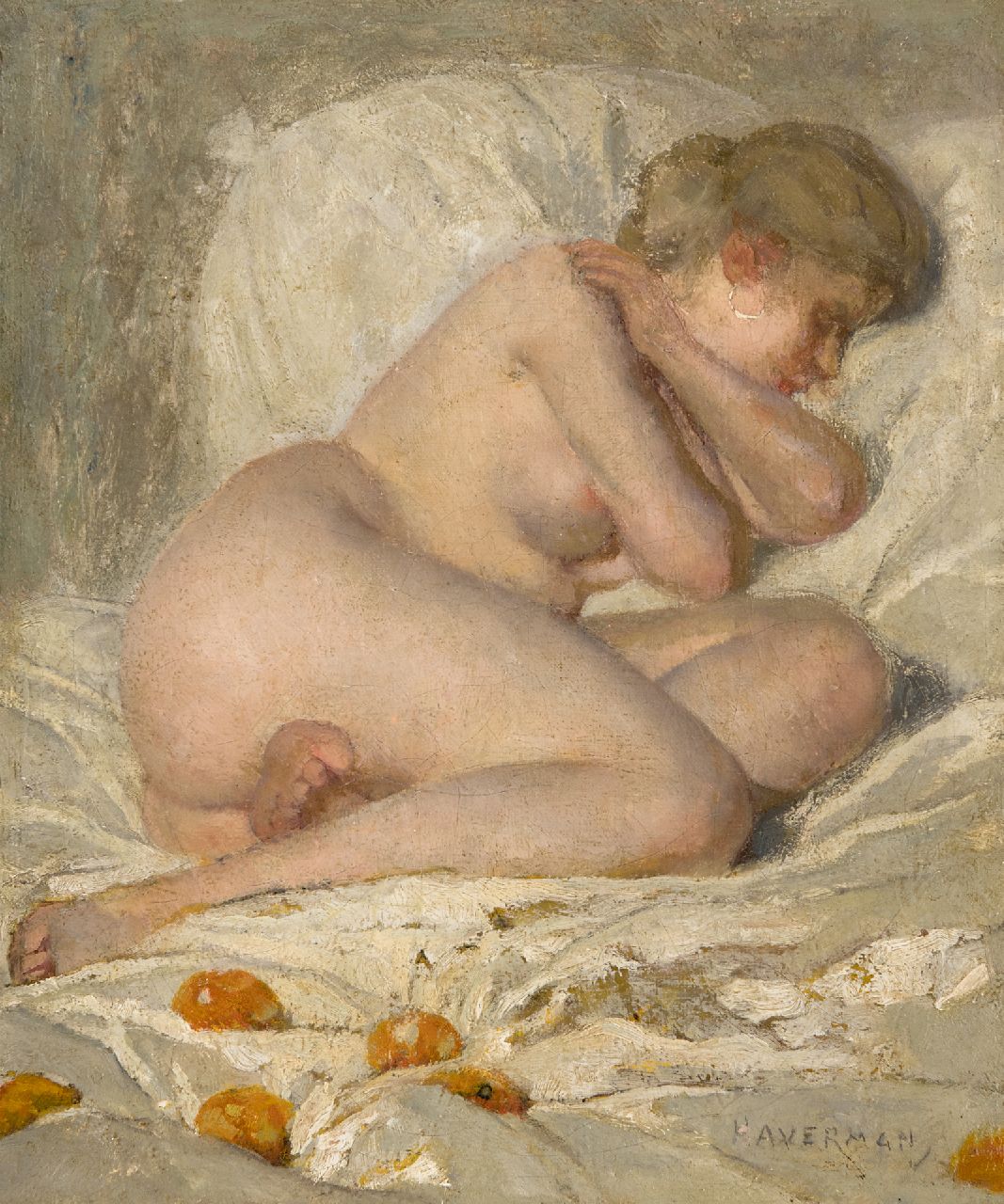 Haverman H.J.  | Hendrik Johannes Haverman | Paintings offered for sale | Sleeping nude, oil on canvas 30.5 x 25.7 cm, signed l.r.