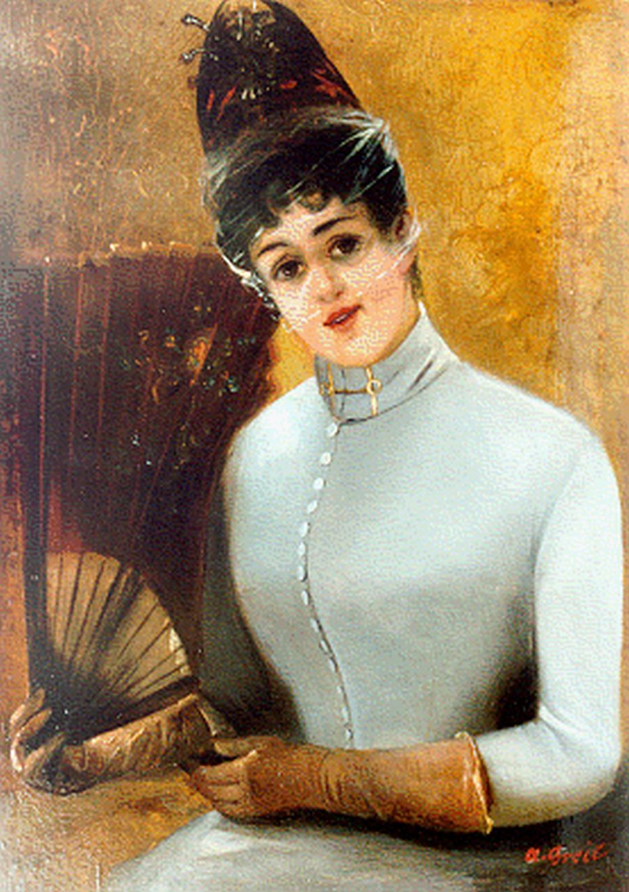 Greil A.  | Alois Greil, Portret van een modieuze vrouw, oil on panel 35.4 x 25.5 cm, gesigneerd rechtsonder