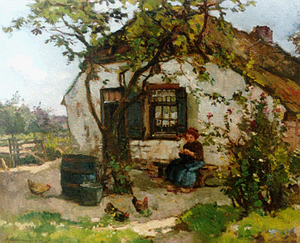 Akkeringa J.E.H.  | 'Johannes Evert' Hendrik Akkeringa, A farmer's wife knitting, oil on canvas 35.5 x 43.4 cm, signed l.r.