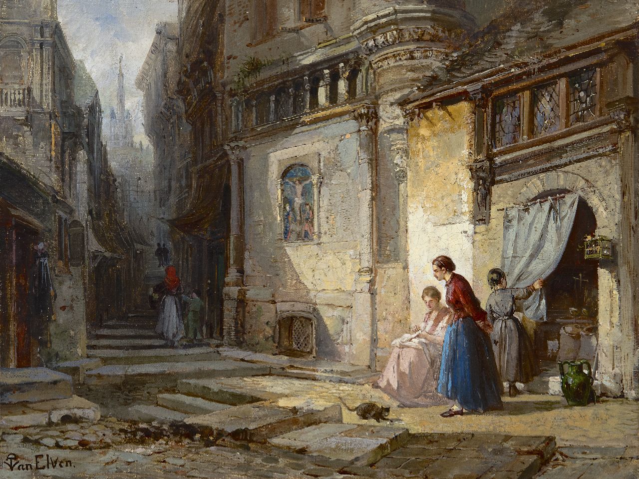 Tetar van Elven P.H.T.  | Petrus Henricus Theodorus 'Pierre' Tetar van Elven | Paintings offered for sale | A view of old Milan with the Cathedral in the distance, oil on canvas 24.6 x 32.5 cm, signed l.l.