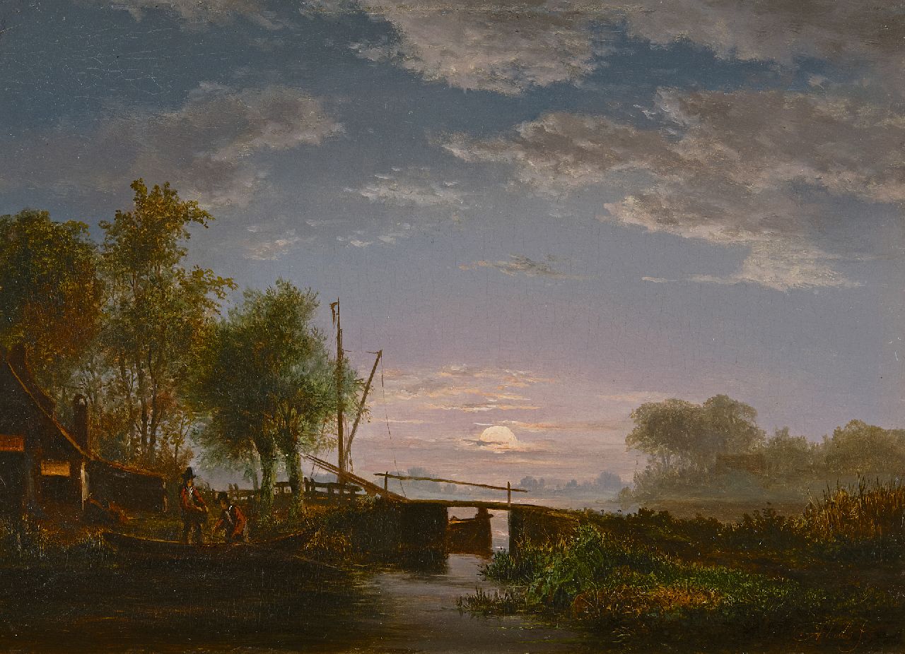 Abels J.Th.  | 'Jacobus' Theodorus Abels | Paintings offered for sale | Fishermen in a moonlit river landscape, oil on panel 21.5 x 29.3 cm, signed l.r.
