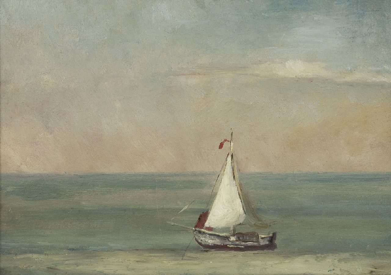 Mesdag H.W.  | Hendrik Willem Mesdag, A quiet sea wit a sailing vessel, oil on paper laid down on panel 21.8 x 30.2 cm