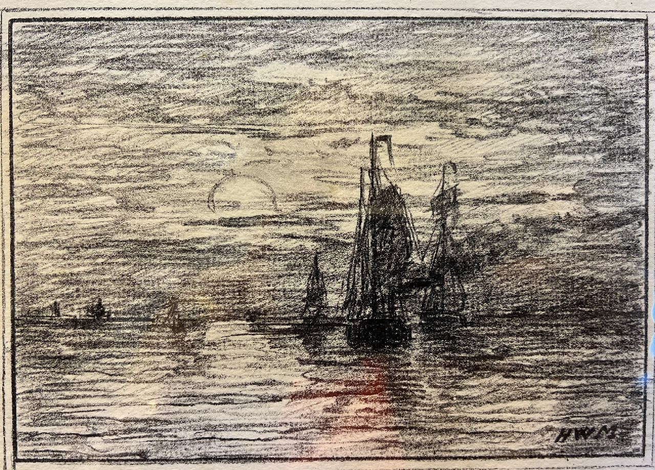 Mesdag H.W.  | Hendrik Willem Mesdag, Ships at sunset, lithograph 12.5 x 17.5 cm, signed l.r.