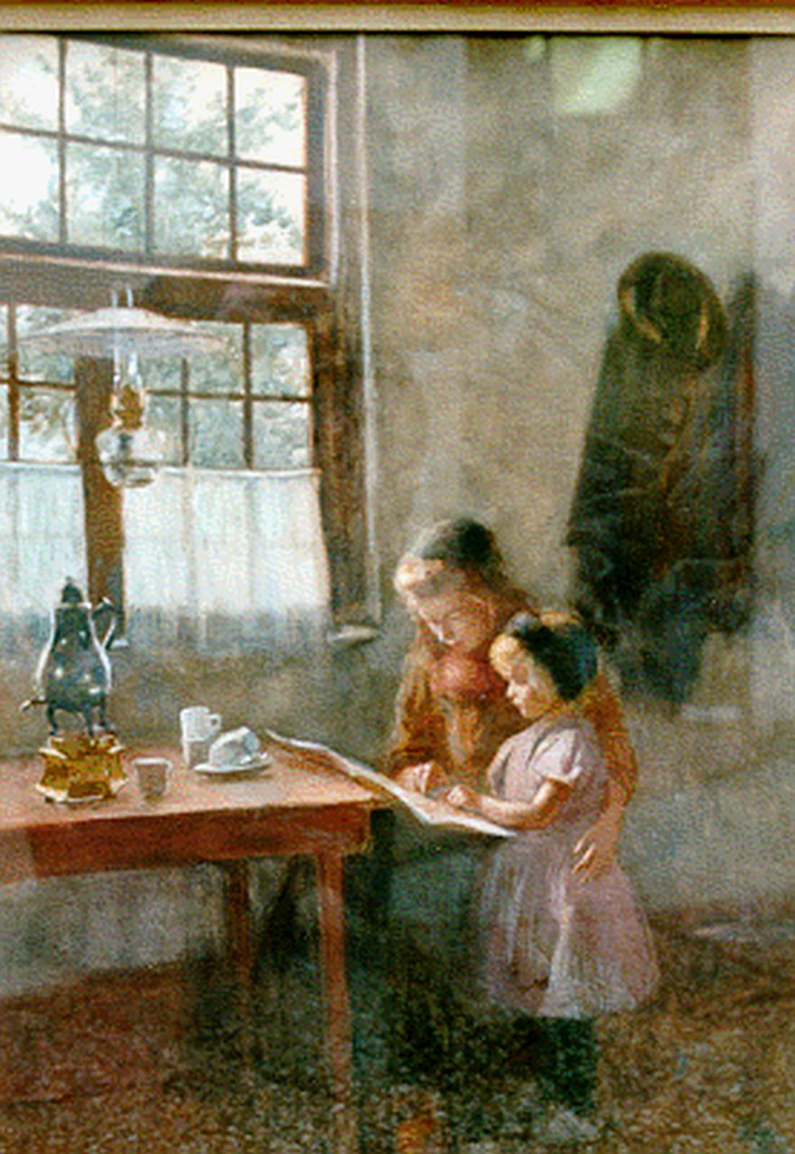 Krabbé H.M.  | Heinrich Martin Krabbé, Sisters reading, watercolour on paper 73.0 x 54.0 cm, signed l.l.