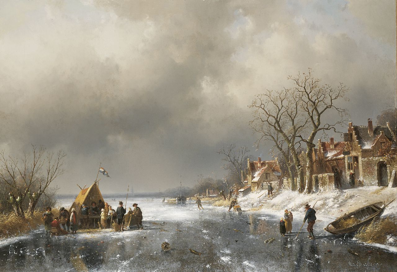 Leickert C.H.J.  | 'Charles' Henri Joseph Leickert, Refreshment stall on the ice on the outskirts of a village, oil on canvas 71.4 x 103.2 cm, signed l.r.