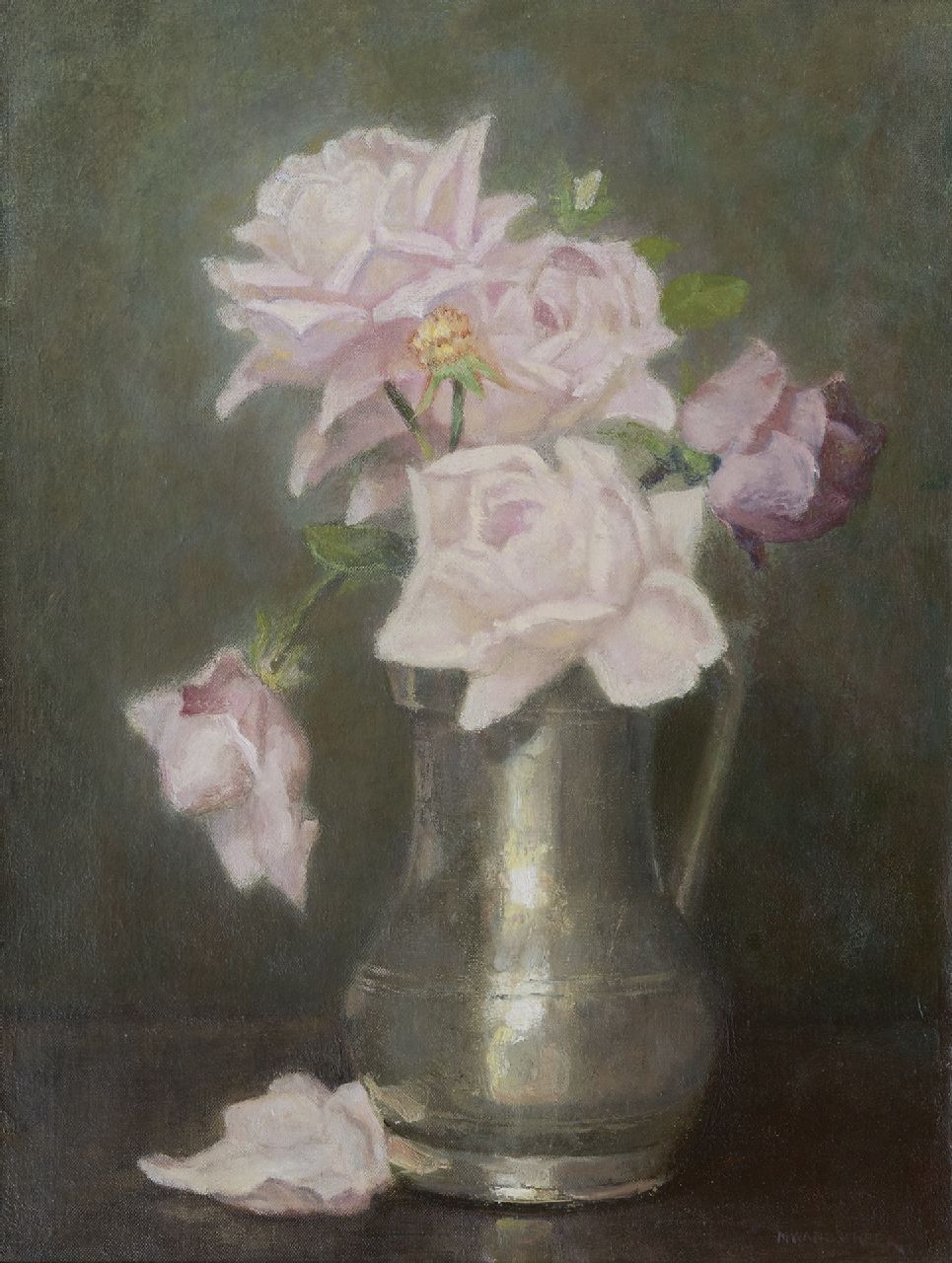 Wandscheer M.W.  | Maria Wilhelmina 'Marie' Wandscheer | Paintings offered for sale | Roses in a pewter vase, oil on canvas 41.5 x 31.4 cm, signed l.r. and on the stretcher