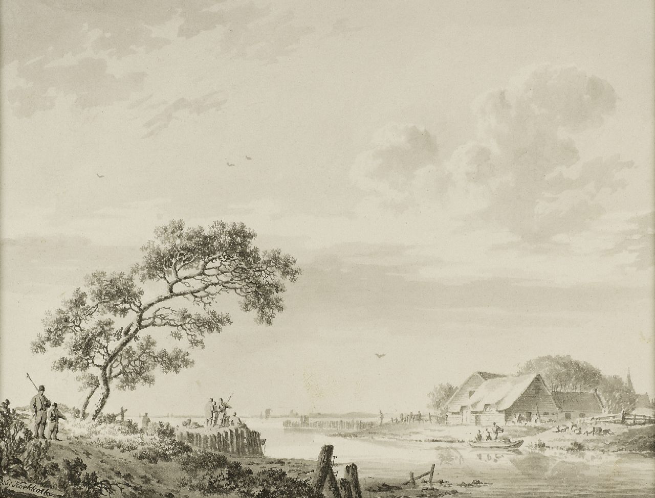 Koekkoek B.C.  | Barend Cornelis Koekkoek, A river landscape in Zealand, pen, brush and ink on paper 14.6 x 19.3 cm, signed l.l.