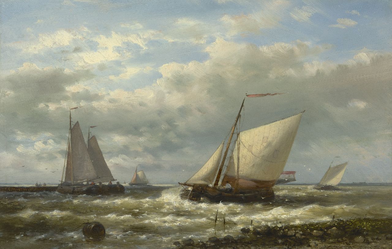 Abraham Hulk | Sailing vessels on the Zuiderzee, oil on panel, 20.2 x 30.7 cm, signed on the reverse
