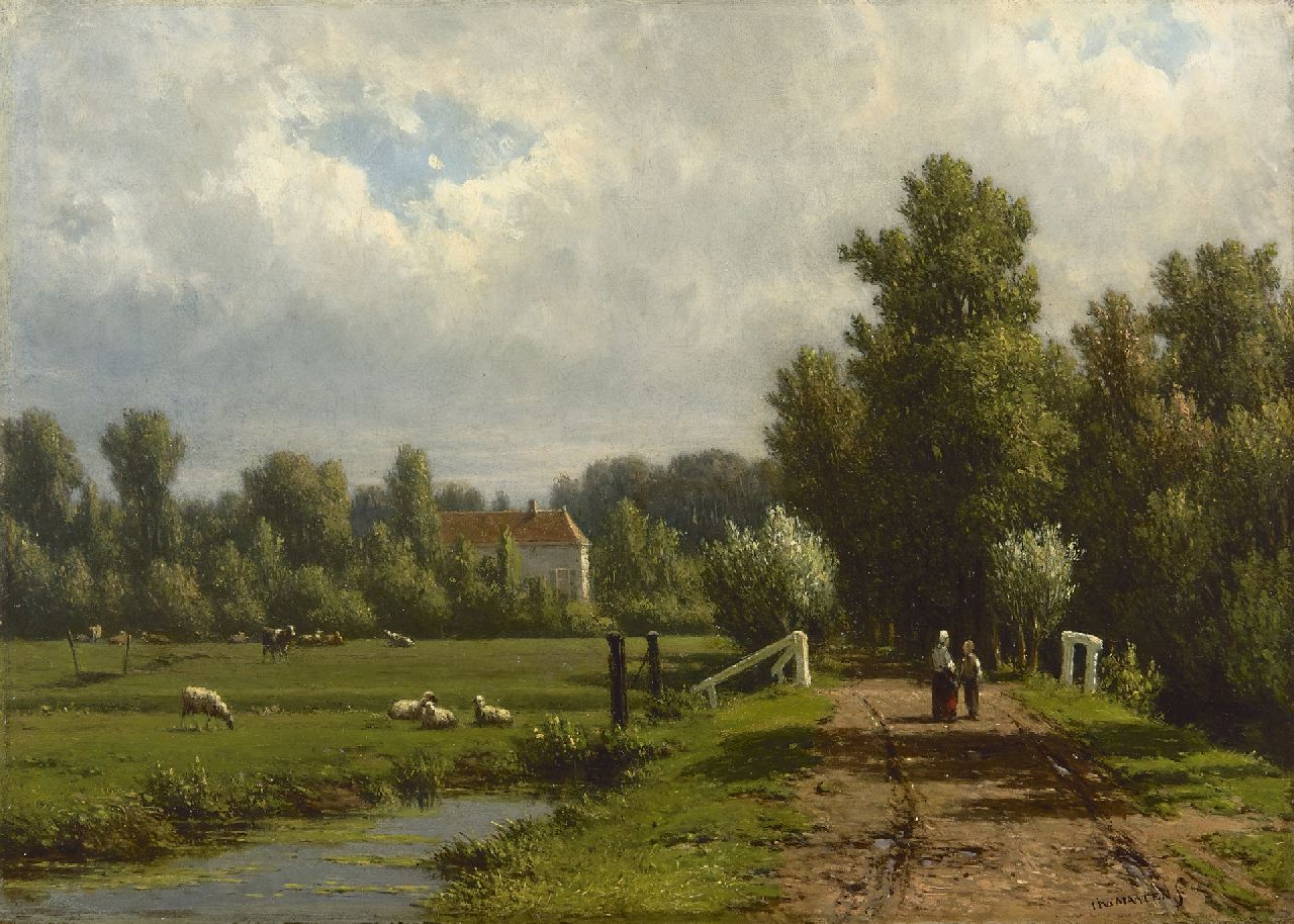 Maaten J.J. van der | Jacob Jan van der Maaten | Paintings offered for sale | Conversation on a country road, oil on panel 25.7 x 36.0 cm, signed l.r.