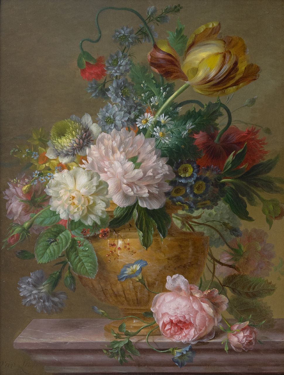 Leen W. van | Willem van Leen, Flower still life with peonies and tulips, oil on panel 48.8 x 36.7 cm, signed l.l.