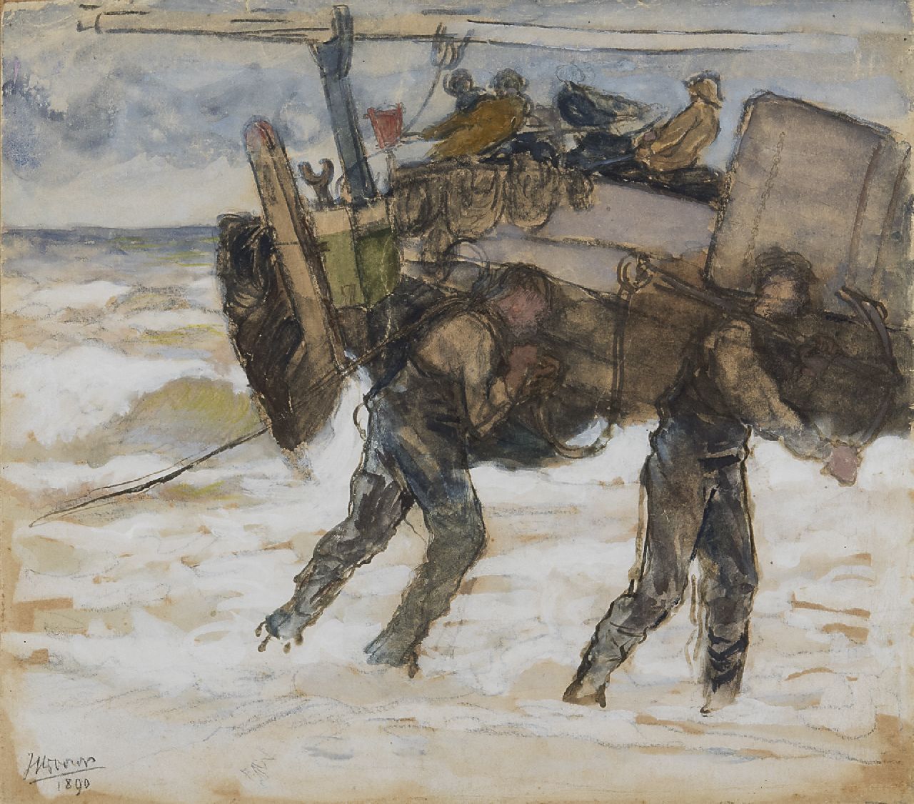 Toorop J.Th.  | Johannes Theodorus 'Jan' Toorop, Fischermen on the beach, chalk and watercolour on paper on board 25.2 x 28.2 cm, signed l.l. and dated 1890