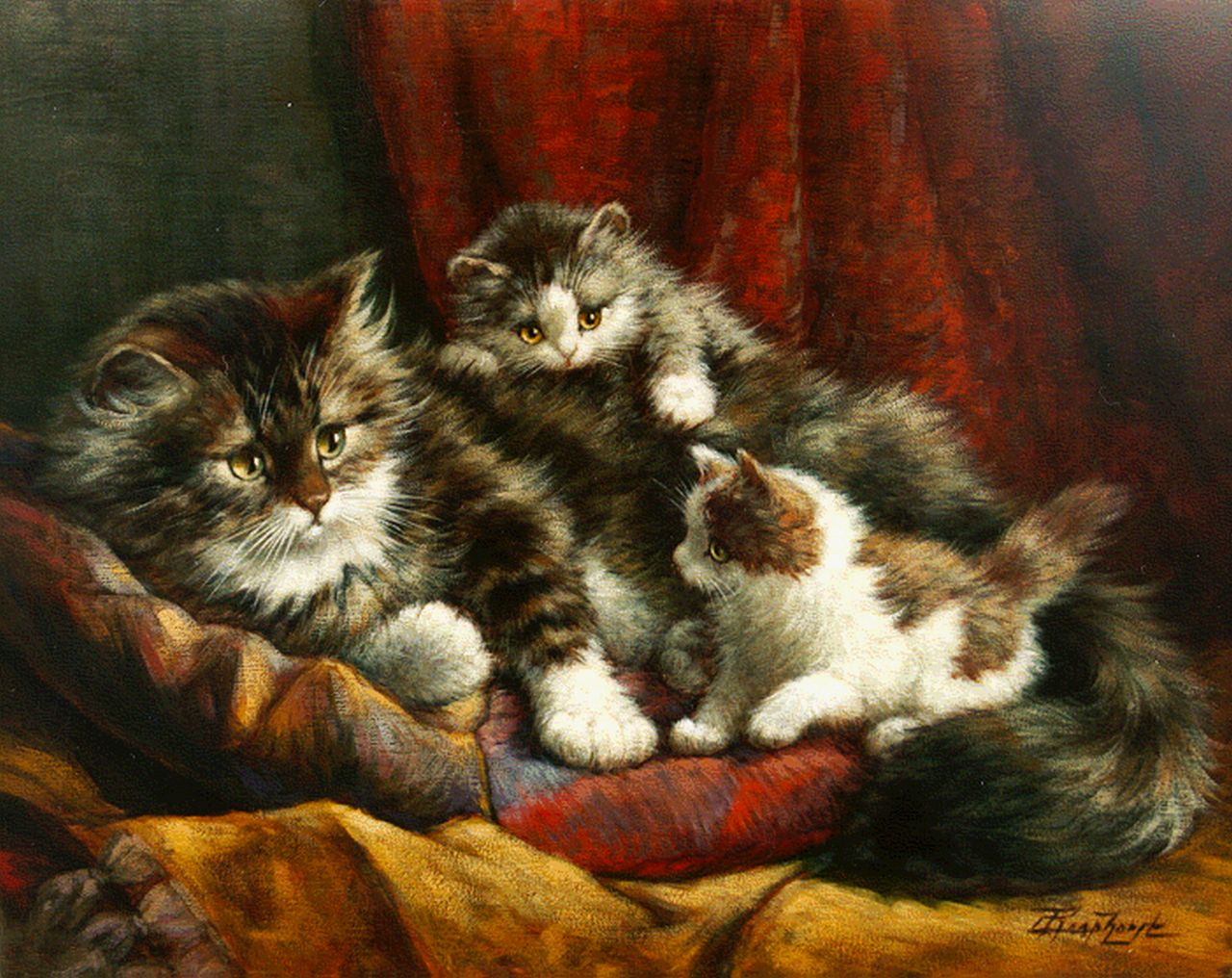 Raaphorst C.  | Cornelis Raaphorst, A cat with two kittens, oil on canvas 39.0 x 49.0 cm, signed l.r.