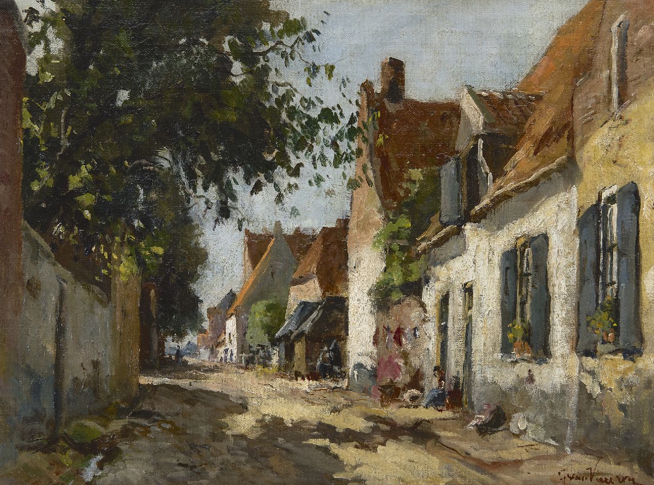 Vuuren J. van | Jan van Vuuren, A sunny street in Elburg, oil on canvas 30.0 x 39.8 cm, signed l.r.