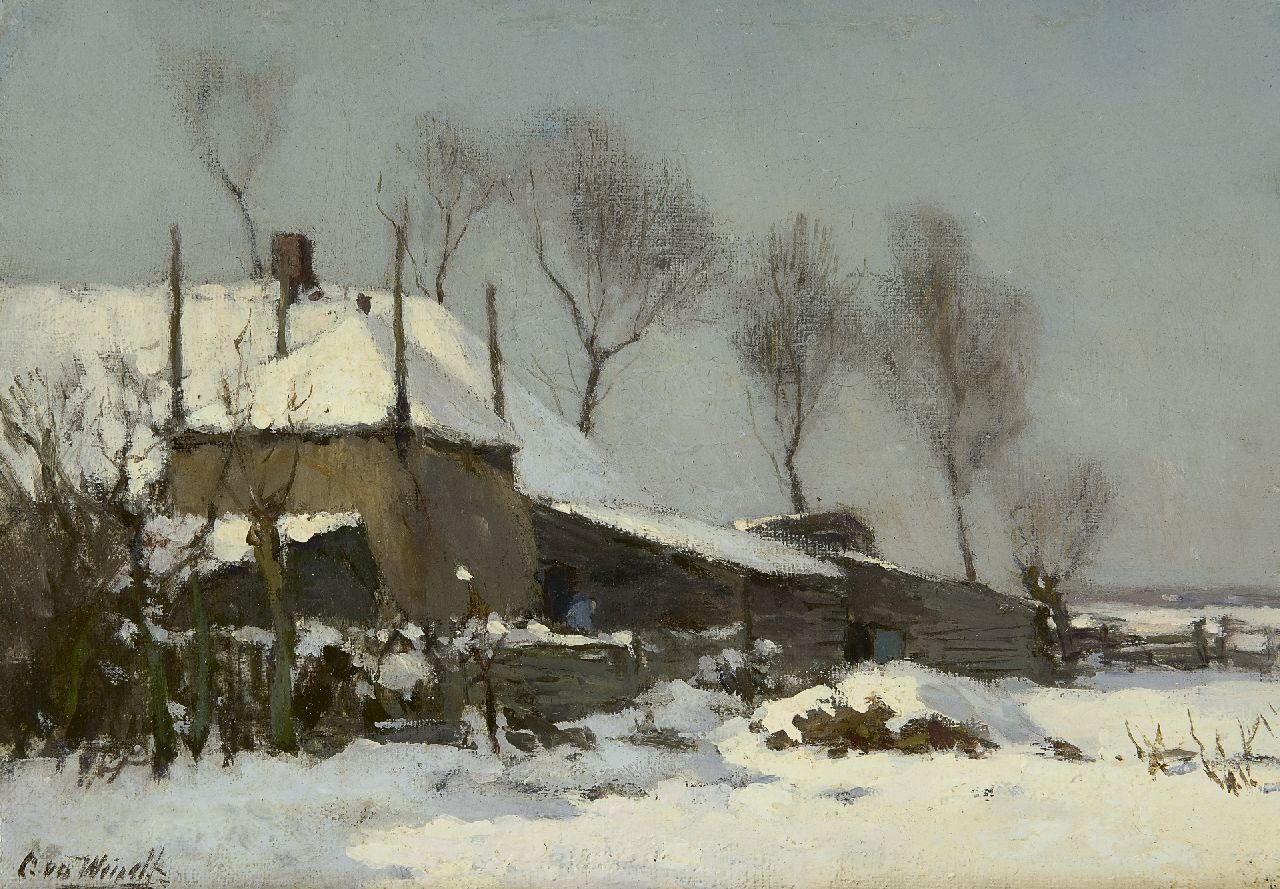 Windt Ch. van der | Christophe 'Chris' van der Windt, A farm in the snow, oil on canvas laid down on panel 21.5 x 29.7 cm, signed l.l.