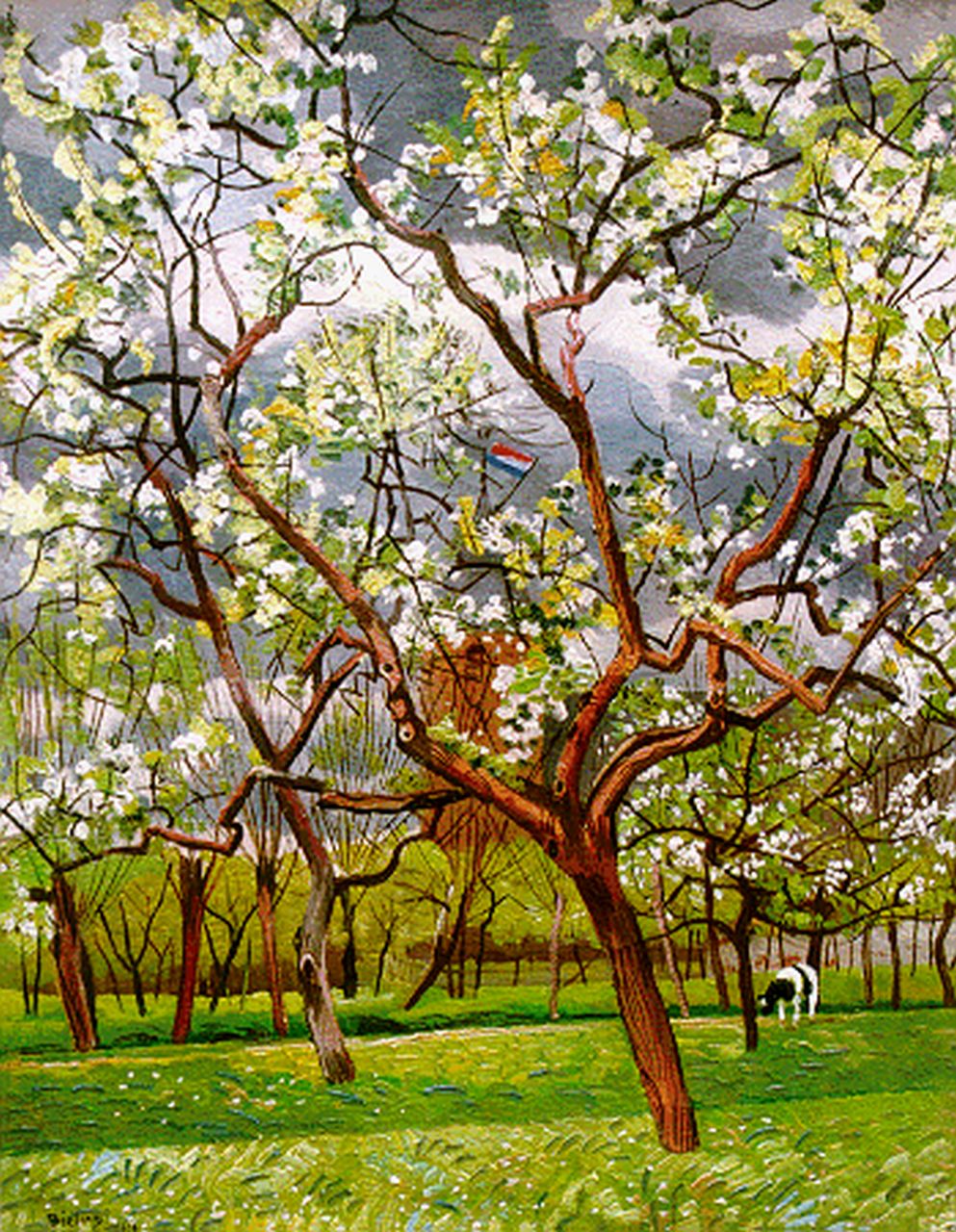 Bieling H.F.  | Hermann Friederich 'Herman' Bieling, An orchard in full blossom, Betuwe, oil on canvas 69.9 x 55.5 cm, signed l.l. and dated '46