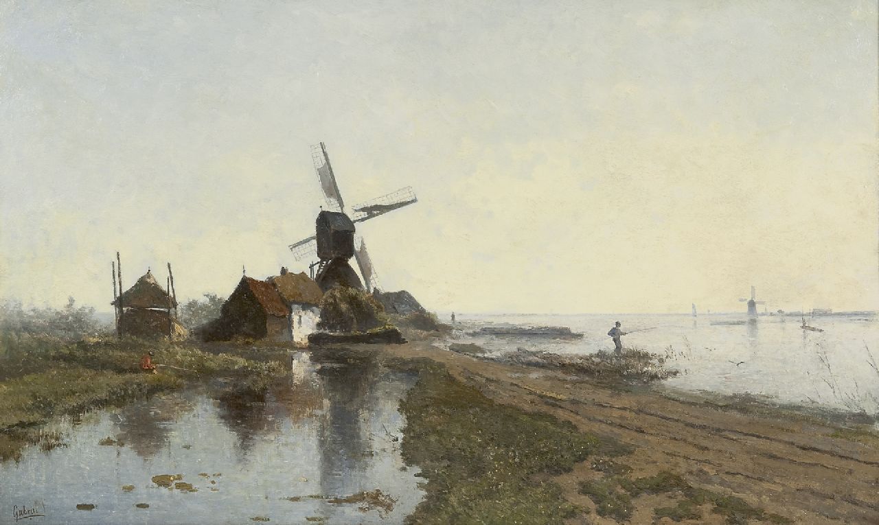 Gabriel P.J.C.  | Paul Joseph Constantin 'Constan(t)' Gabriel, The mill path near Kortenhoef, with windmill De Lelie, oil on panel 49.7 x 82.2 cm, signed l.l.
