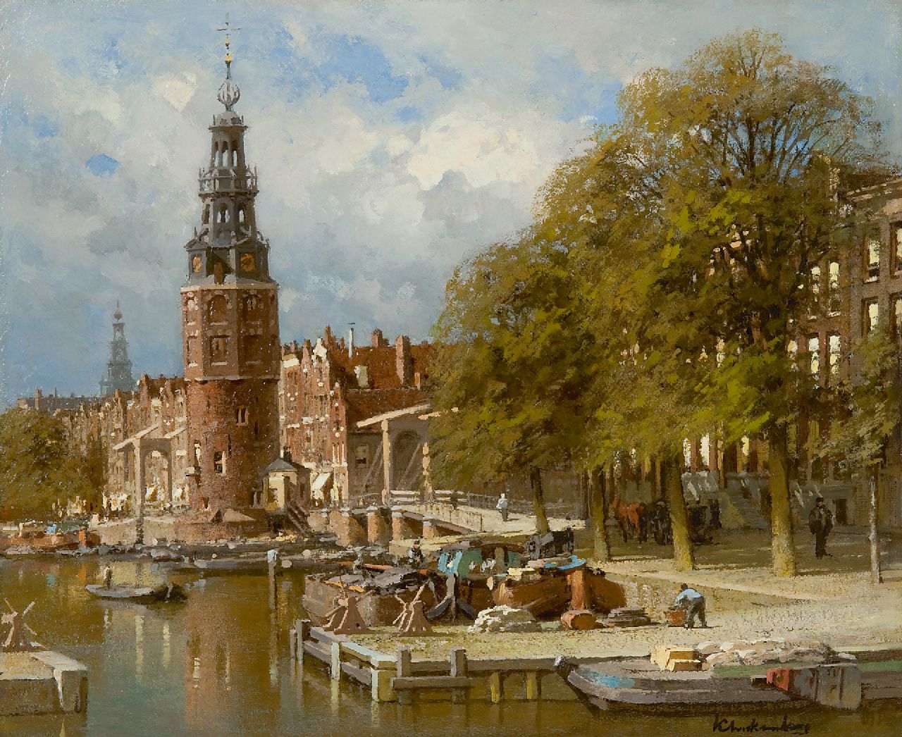 Klinkenberg J.C.K.  | Johannes Christiaan Karel Klinkenberg | Paintings offered for sale | The Montelbaanstoren near the Kalkmarktsluis, Amsterdam, oil on canvas 39.3 x 47.3 cm, signed l.r.