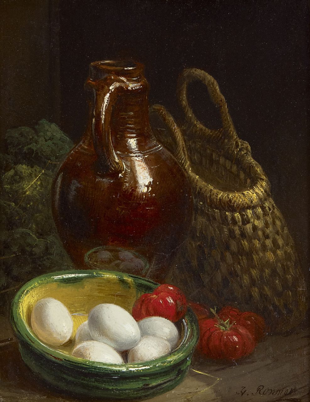 Ronner-Knip H.  | Henriette Ronner-Knip, A still life with eggs and a jug, oil on panel 18.9 x 14.6 cm, signed l.r.