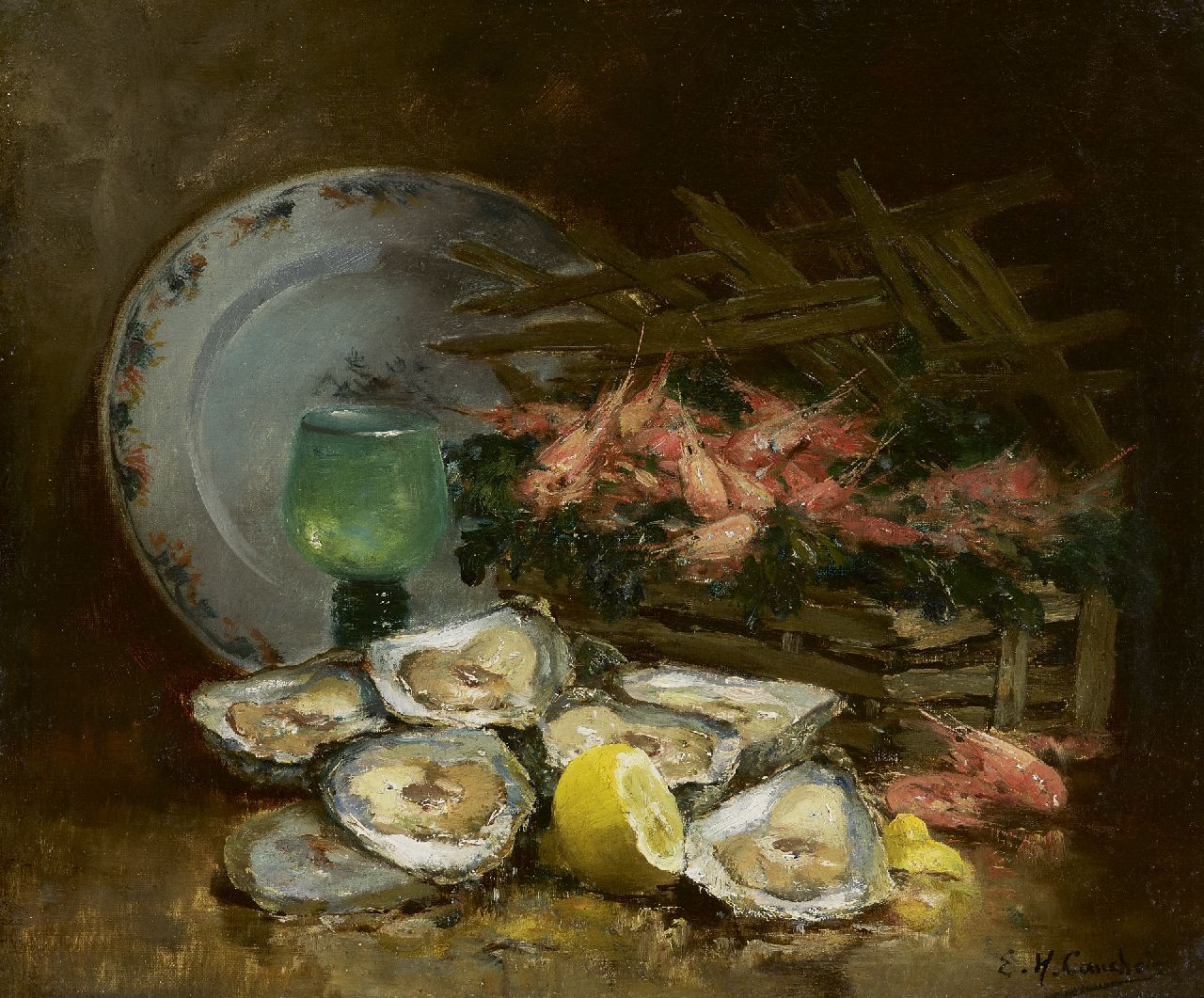 Cauchois E.H.  | Eugène-Henri Cauchois, A still life with oysters, oil on canvas 38.1 x 46.0 cm, signed l.r.