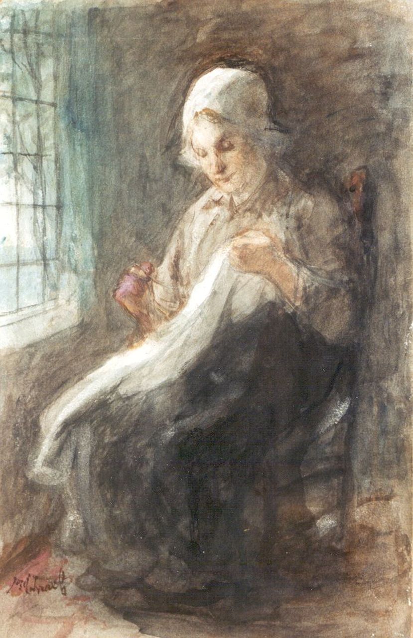 Israëls J.  | Jozef Israëls, The mending, charcoal and watercolour on paper laid down on board 34.4 x 22.2 cm, signed l.l.