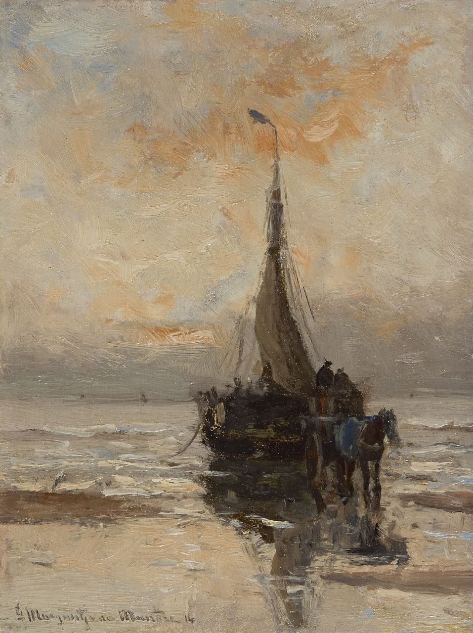 Munthe G.A.L.  | Gerhard Arij Ludwig 'Morgenstjerne' Munthe, Unloading the nets at sunset, oil on panel 18.2 x 14.0 cm, signed l.l. and dated '14