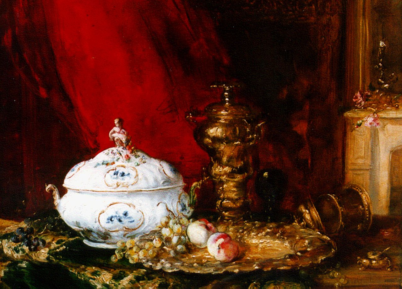 Vollon A.  | Antoine Vollon, A still life with a porcelain tureen, oil on canvas 38.8 x 47.0 cm, signed l.l.