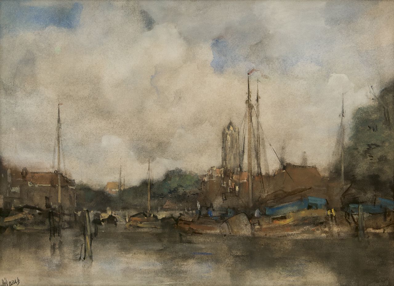 Maris J.H.  | Jacobus Hendricus 'Jacob' Maris | Watercolours and drawings offered for sale | A view of the inner harbour of  Utrecht and the Dom tower, watercolour on paper 42.0 x 57.4 cm, signed l.l.