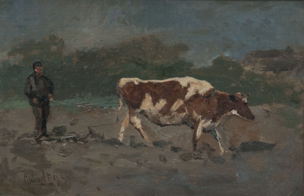 Gabriel P.J.C.  | Paul Joseph Constantin 'Constan(t)' Gabriel, A ploughing farmer, oil on canvas laid down on panel 22.3 x 33.0 cm, signed l.l. and dated '92