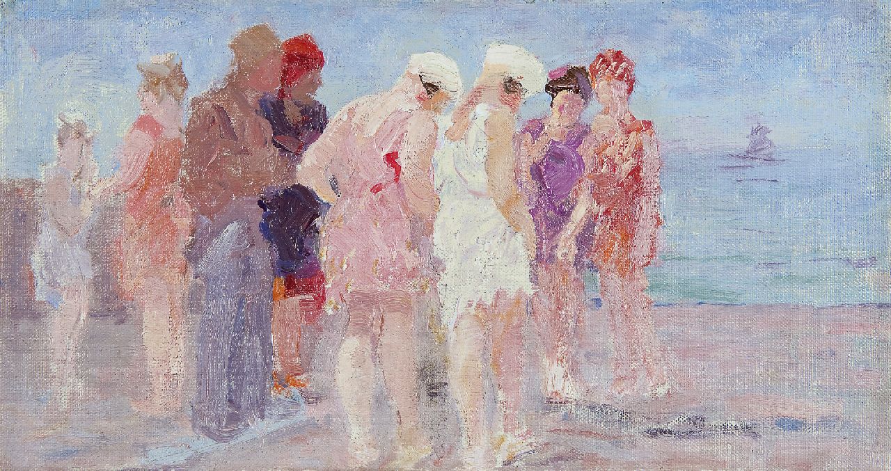 Vaarzon Morel W.F.A.I.  | Wilhelm Ferdinand Abraham Isaac 'Willem' Vaarzon Morel, At the beach, oil on canvas 19.9 x 37.0 cm