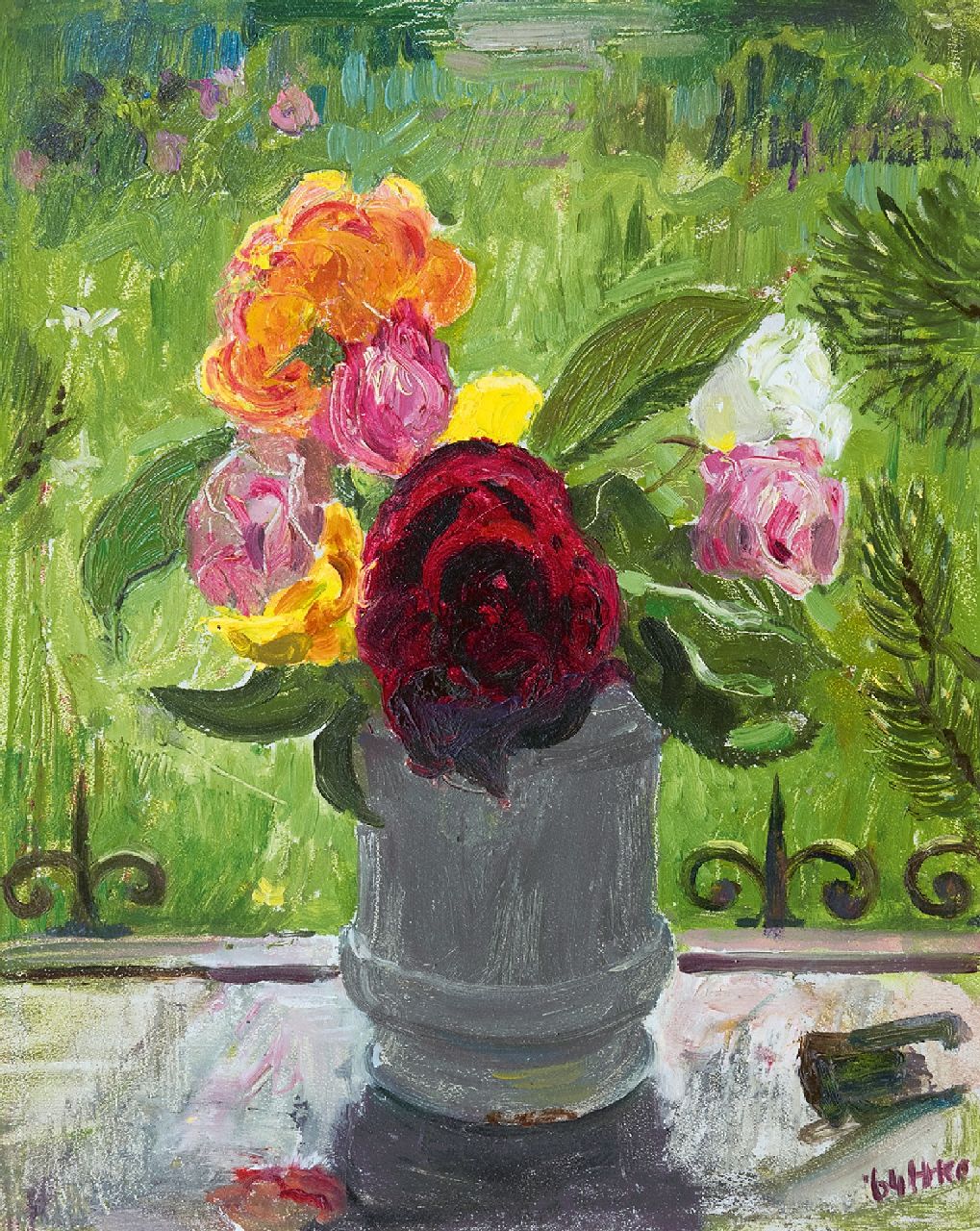 Kamerlingh Onnes H.H.  | 'Harm' Henrick Kamerlingh Onnes, Roses on a window sill, oil on panel 30.5 x 24.6 cm, signed l.r. with monogram and dated '64