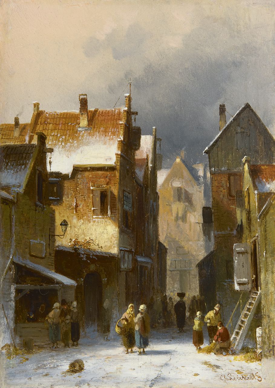 Leickert C.H.J.  | 'Charles' Henri Joseph Leickert, A busy street in winter, oil on panel 27.1 x 19.3 cm, signed l.r.