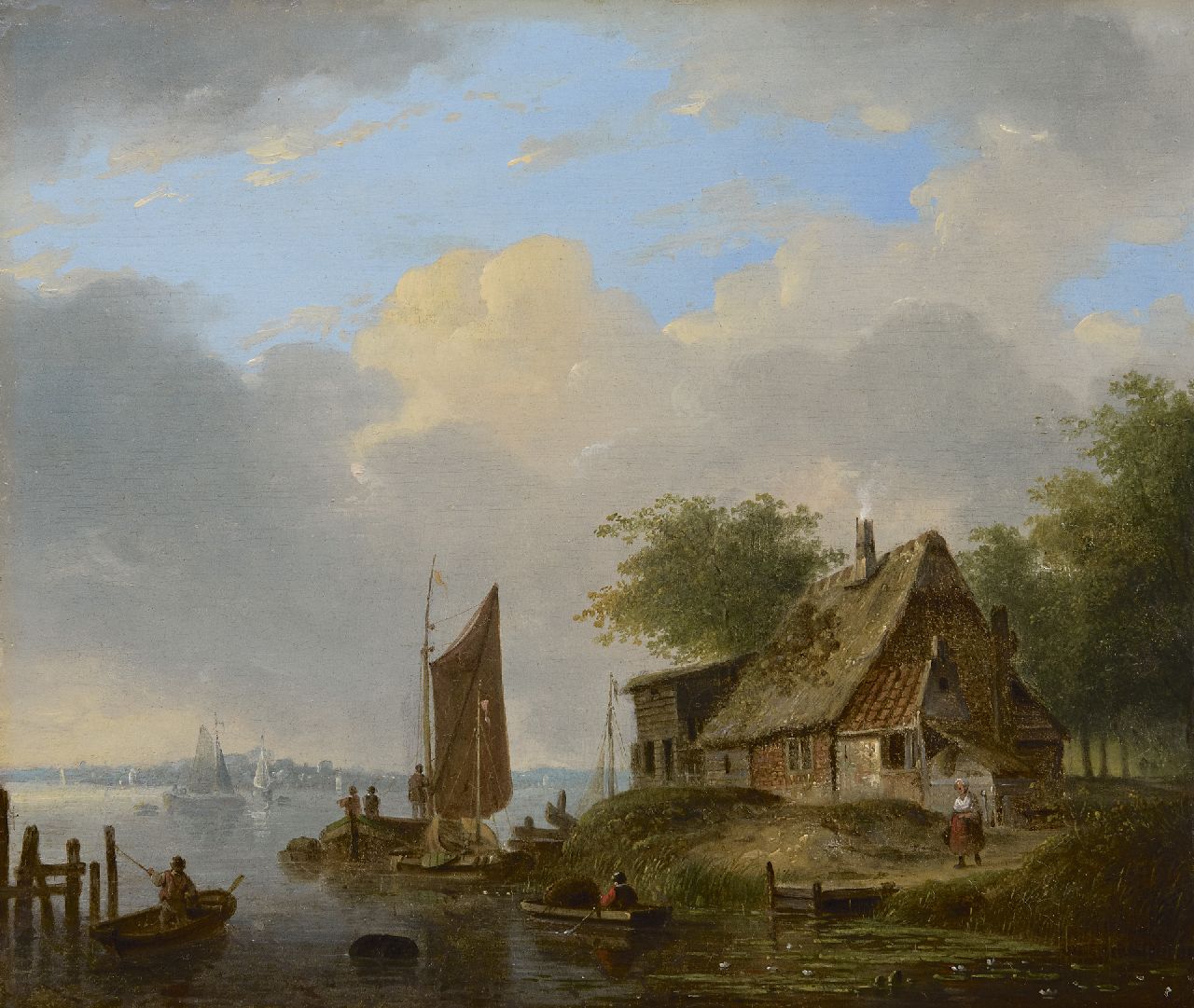 Stok J. van der | Jacobus van der Stok, A sunny river landscape, oil on panel 26.6 x 31.7 cm
